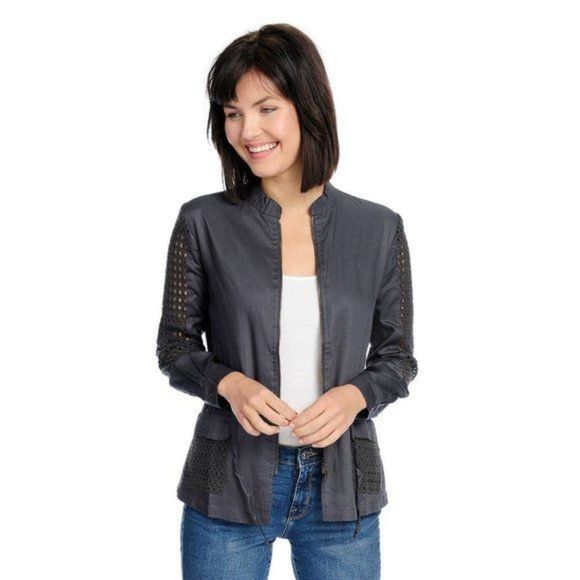 Navy Long Sleeve Zip Up Utility Jacket with Crochet Detail - Picture 4 of 6